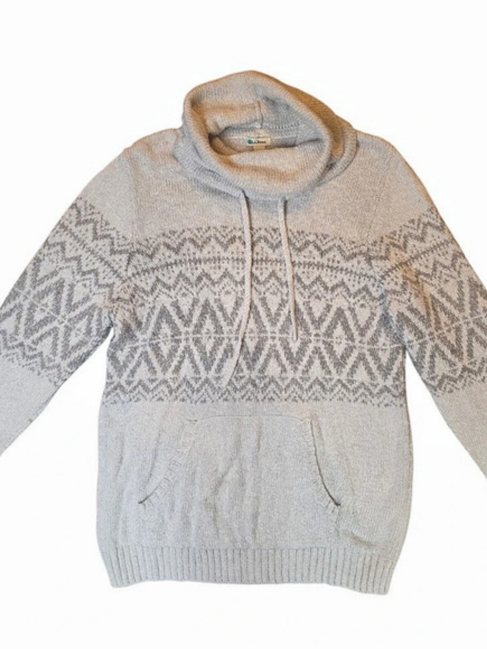 L.L. Bean Gray Fair Isle Cowl Neck Sweater Kangaroo Pocket Nordic Chunky Knit L